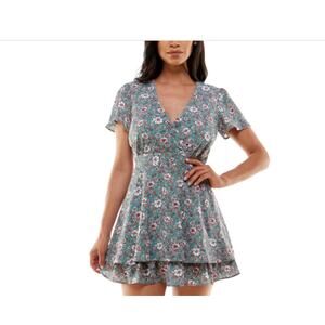 Juniors  Floral Print Short Fit & Flare Dress Crepe Size 5 Green Multi NWT